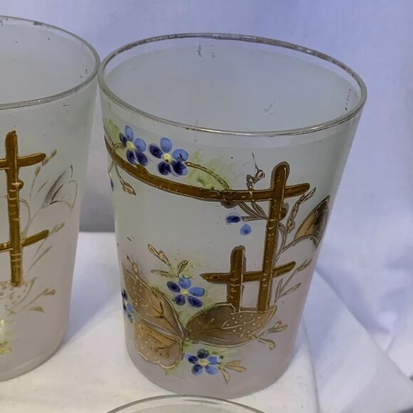 Frosted Glass Painted Juice Glasses with Flowers on a Trellis Vintage Set of 6 - Picture 4 of 12